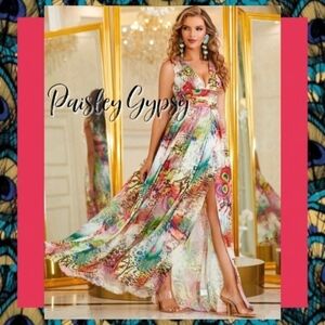Elegant Bohemian Low V Neck Ruched Waist Maxi Dress with Thigh High Sp…
